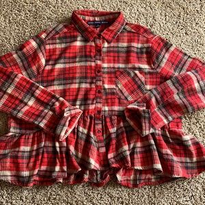 HYFVE red plaid/ soft flannel high low-peplum shirt . Size L